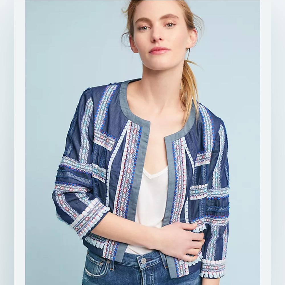 Anthropologie Navy and White Embroidered Blazer